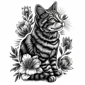 recommend clip art: cat head tattoo design, traditional old school style, black tattoo stencil on white background