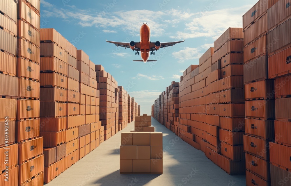 Poster 3d rendering of an airplane flying over large rows and piles of orange shipping containers with card