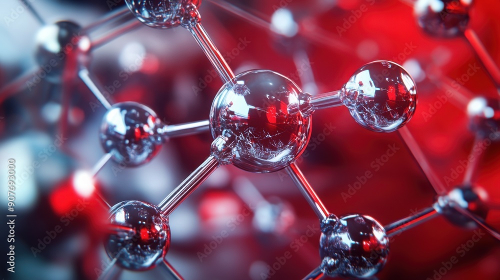 Poster abstract futuristic background with close-up of red and silver carbon atom model, macro view on scie