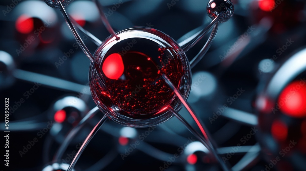 Poster abstract futuristic background with close-up of red and silver carbon atom model, macro view on scie