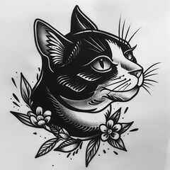 cat head tattoo design, traditional old school style, black tattoo stencil on white background