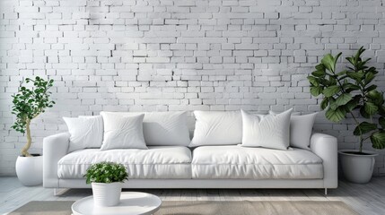 White living room interior with a comfortable sofa brick wall and flowerpots mockup idea