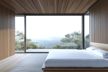 Naklejka premium Luxury apartment room interiors with a large window and an elegant bed. Contemporary Real Estate interiors design.