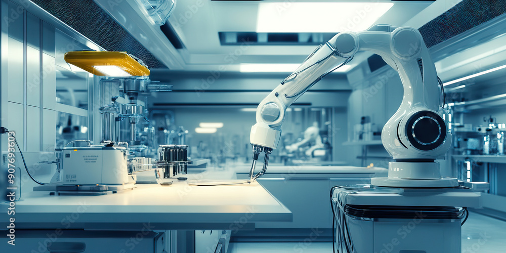 Aufkleber the robotics workshop: a pristine white lab with sleek robotic arms and sparkling tools.