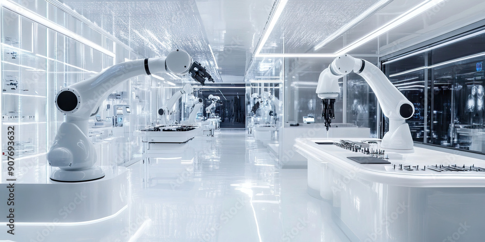 Aufkleber the robotics workshop: a pristine white lab with sleek robotic arms and sparkling tools.