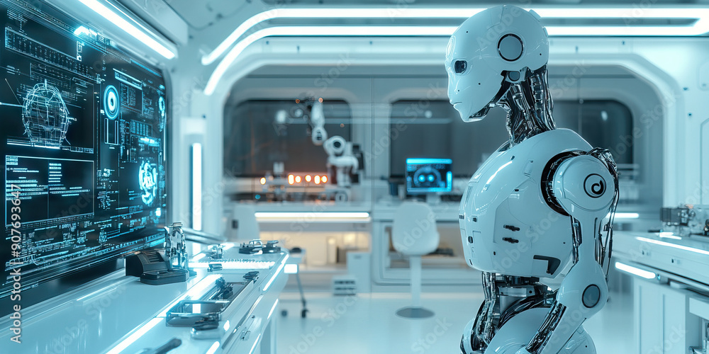 Aufkleber the robotics workshop: a pristine white lab with sleek robotic arms and sparkling tools.