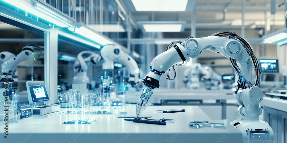 Aufkleber the robotics workshop: a pristine white lab with sleek robotic arms and sparkling tools.