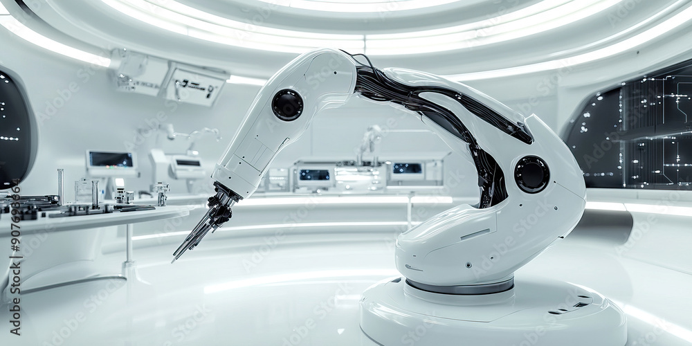 Aufkleber the robotics workshop: a pristine white lab with sleek robotic arms and sparkling tools.