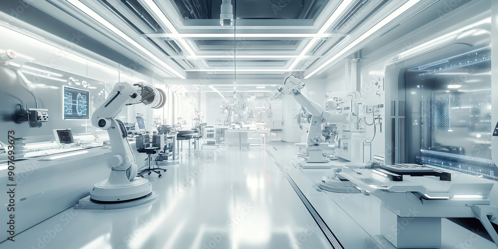 Aufkleber the robotics workshop: a pristine white lab with sleek robotic arms and sparkling tools.