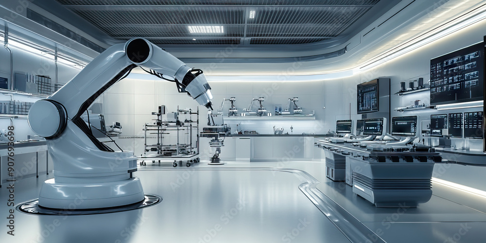 Aufkleber the robotics workshop: a pristine white lab with sleek robotic arms and sparkling tools.