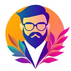 Naklejka premium Modern man in glasses surrounded by colorful leaves on an orange gradient background