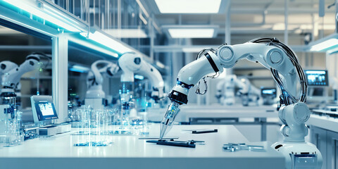 The Robotics Workshop: A pristine white lab with sleek robotic arms and sparkling tools.