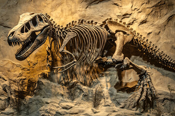 fossil, skeleton of a dinosaur ,ancient cave in the desert
