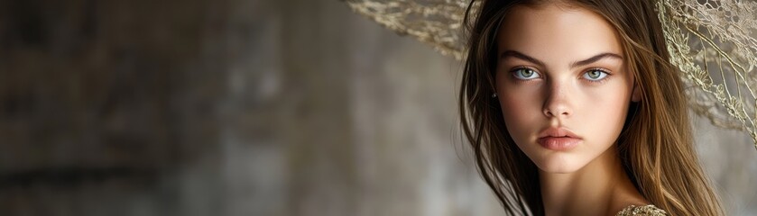 Fototapeta premium Elegant Portrait of a Young Woman with Long Hair and a Lace Hat Against a Neutral Background