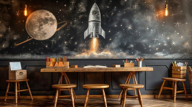 Creative Classroom with Space Theme Decor, Ideal for Educational Settings and Kids’ Learning Spaces