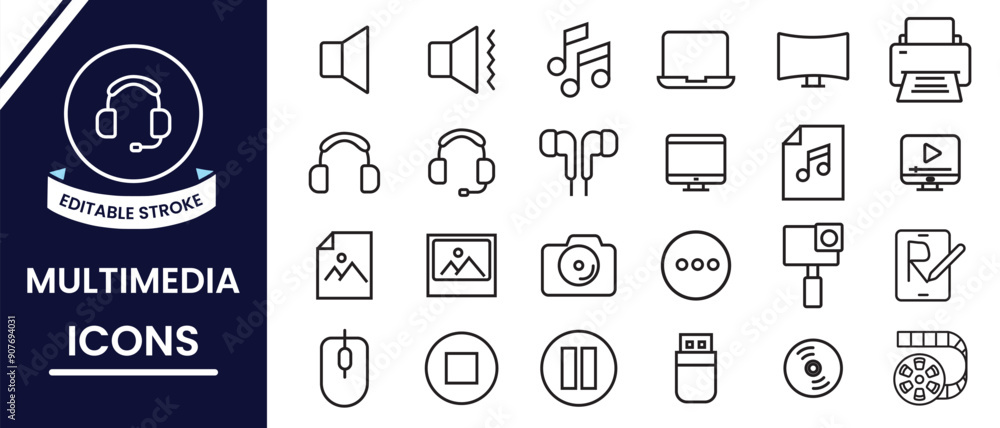 Poster multimedia line editable icons, vector set. multimedia icons set. set of electronics device icons. s