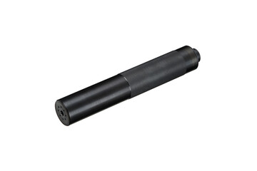 Black silencer for weapons. Suppressor that is at the end of an assault rifle. Isolate on a white back.
