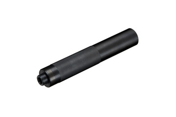 Black silencer for weapons. Suppressor that is at the end of an assault rifle. Isolate on a white...