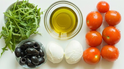 Fresh Ingredients for Mediterranean Salad with Mozzarella, Tomatoes, Black Olives, Rocket, and Olive Oil on a Wooden Table