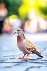 Elegant pigeon struts along cobblestone path in vibrant urban setting