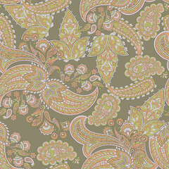 Colorful Paisley wallpaper. Vector Indonesian batik. Bright classic indian fabric. Paisley wallpaper. Ethnic background with paisley and stylized flowers. For textile, cover, wrapping paper, fabric
