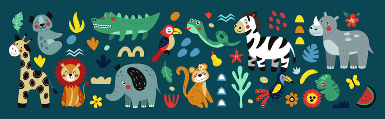 Children animals. Elephant, giraffe, toucan bird. Jungle abstract pattern. Cute zoo, baby cartoon isolated lion and crocodile, nature wild. Funny wildlife Africa. Vector kids tidy kids illustration