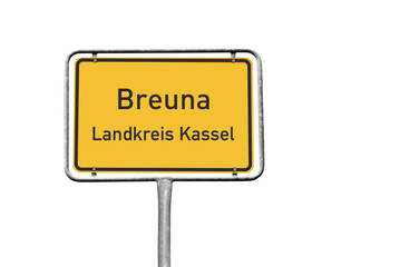 Ortstafel, Breuna, Landkreis Kassel, freigestellt als PNG, (Symbolbild)