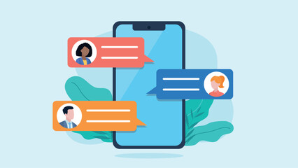 On the screen of the cell phone there are text message bubbles with user avatars. Group chat of employees in the company. Flat design vector illustration.