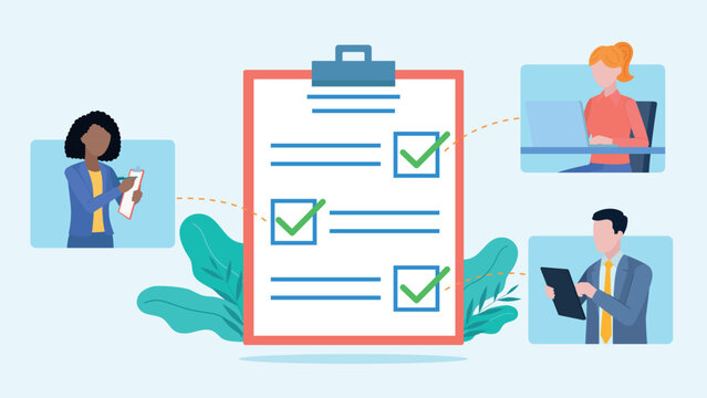 A checklist with well-marked answers. The checkers are accompanied by figures of employees. Two women and a man are working on a computer, taking notes. Flat design vector illustration.