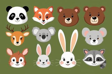 Cute wild woodland safari jungle animals vector illustration including a bear, elephant, tiger, lion, fox, giraffe, rabbit, deer, crocodile, owl, monkey, cat, and hippo. Generated with Ai.