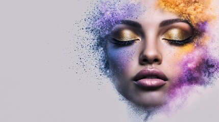 A vibrant beauty portrait with artistic makeup, colorful effects that captivate the eye
