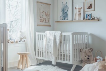 Bright and cozy baby's nursery featuring a white wooden crib with a soft fluffy blanket draped over the edge, a small stool beside the bed, and cute animal wall art. 