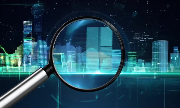 A giant magnifying glass hovers over a glowing, futuristic city made of neon blue and green data streams