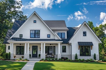Pristine Abode: A Grand White House with Black Roof and Gable-Style Roofline, Set Against the Vivid Blue Sky of Home Exterior Aesthetics