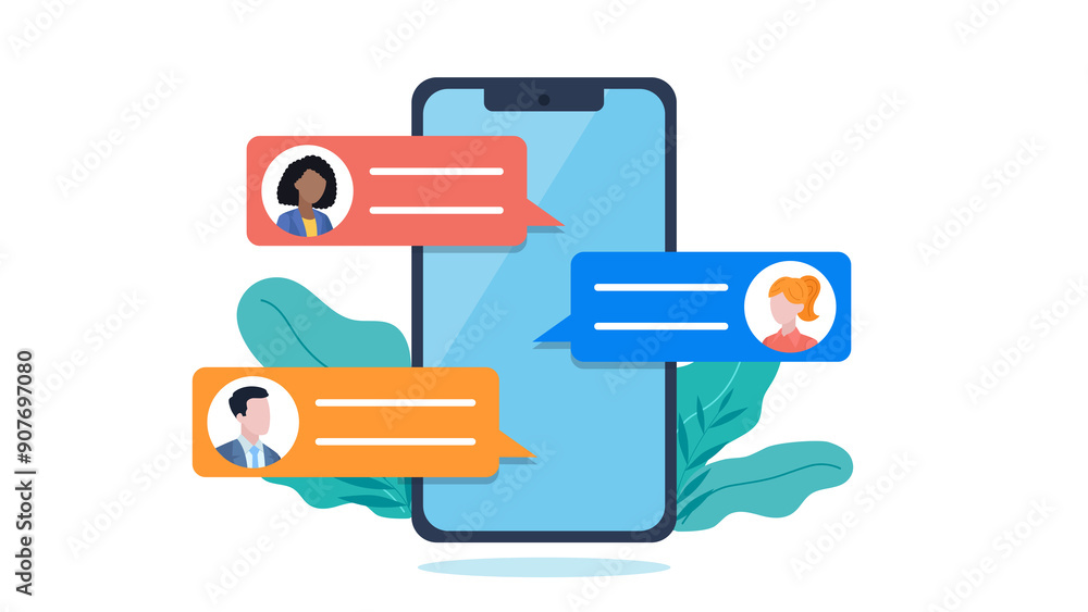 Poster on the screen of the cell phone there are text message bubbles with user avatars. group chat of empl