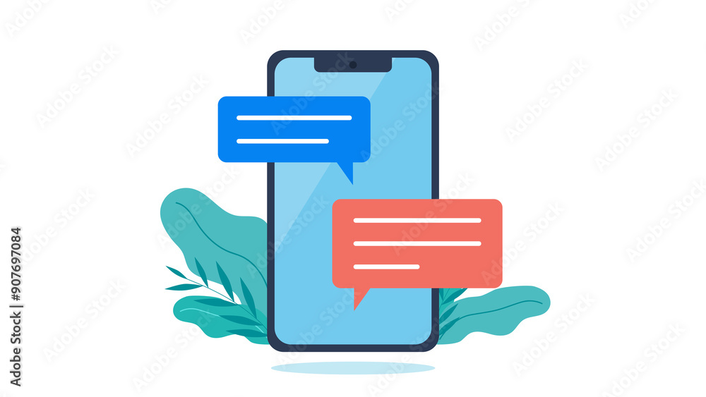 Poster flat design illustration. there are text message bubbles on the cell phone screen. there are flower 