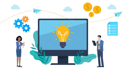 Flat design illustration. On the monitor, you can see a communication icon. Next to it, office workers are holding a tablet, working on a laptop, taking notes.