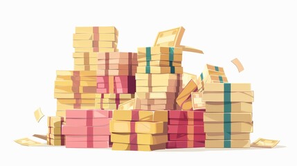 Enormous amounts of cash bills, stacked neatly, representing financial growth and savings, isolated on a white backdrop