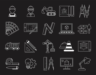 Architectural construction icon. Building project office. Real estate design. Architecture draft. Interior architect. House plan. Line blueprint. Home layout. Vector apartment engineering logo set