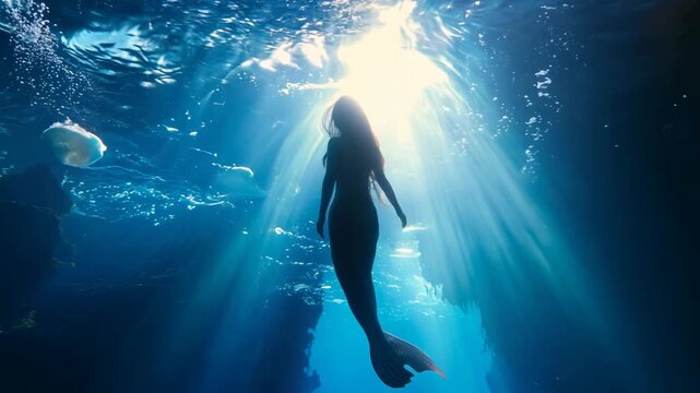 low angle perspective of a mermaid silhouette shadow swimming underwater with sunlight ray through water surface, whimsical fantasy creature