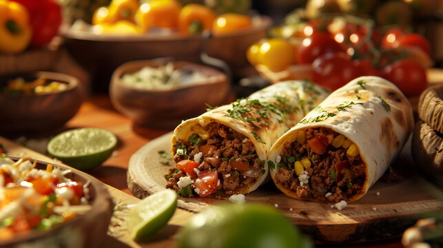 Traditional Mexican food burrito with grounded meat, corn, vegetables, on the plate in the restaurant
