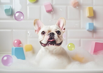 Portrait of French Bulldog dog standing in bathtub surrounded by bubble foam, domestic pets, animals