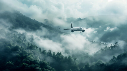 An environmental sustainable biofuel concept of a white airplane flying over green trees, creating an aerial view of the aircraft and its engines against a backdrop of a dark misty, foggy rainforest