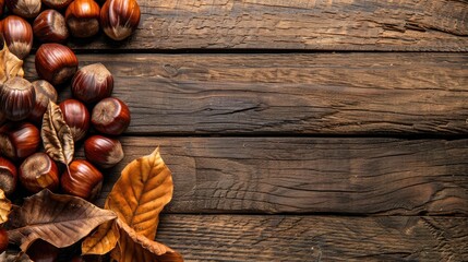 Sweet chestnuts on wooden surface with blank space for text top view