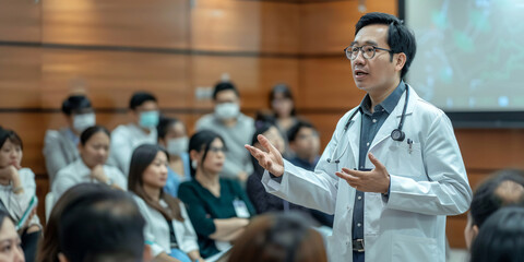 A doctor in a white coat and stethoscope is leading a medical conference, presenting information to a group of people wearing face masks.. asian man