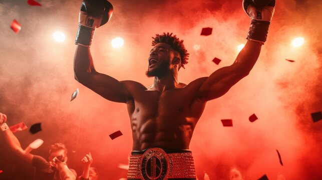 Undisputed Champion: A triumphant boxer raises his gloves amidst a shower of confetti, bathed in the fiery glow of victory. 