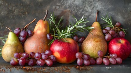 Pears, Apples, Grapes, and Rosemary on Rustic Surface.