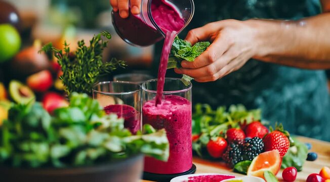 Person pouring a vibrant purple smoothie into glasses surrounded by fresh fruits and leafy greens on a table.