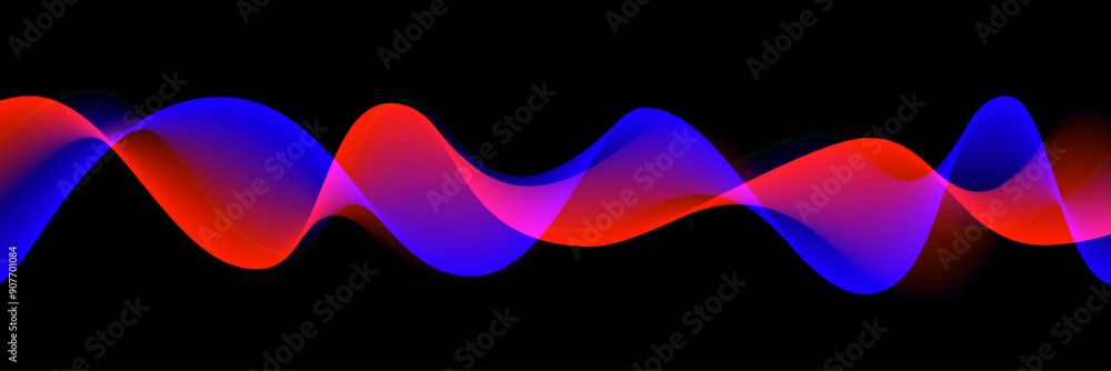 Poster abstract sound rhythm wave vector illustration. blue and red flowing twisted waveforms isolated on b