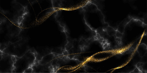 Black marble background with gold glitter waves. Luxury natural stone backdrop with golden sparkles. Modern abstract glamorous Christmas, New Year, wedding, anniversary celebration vector illustration